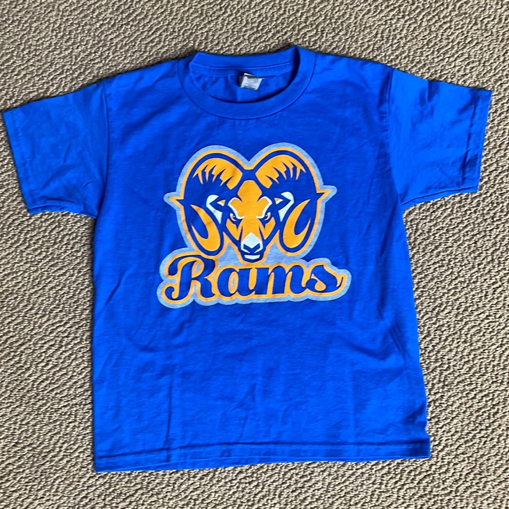 Gildan dry blend size small royal blue rams tshirt. Great condition!